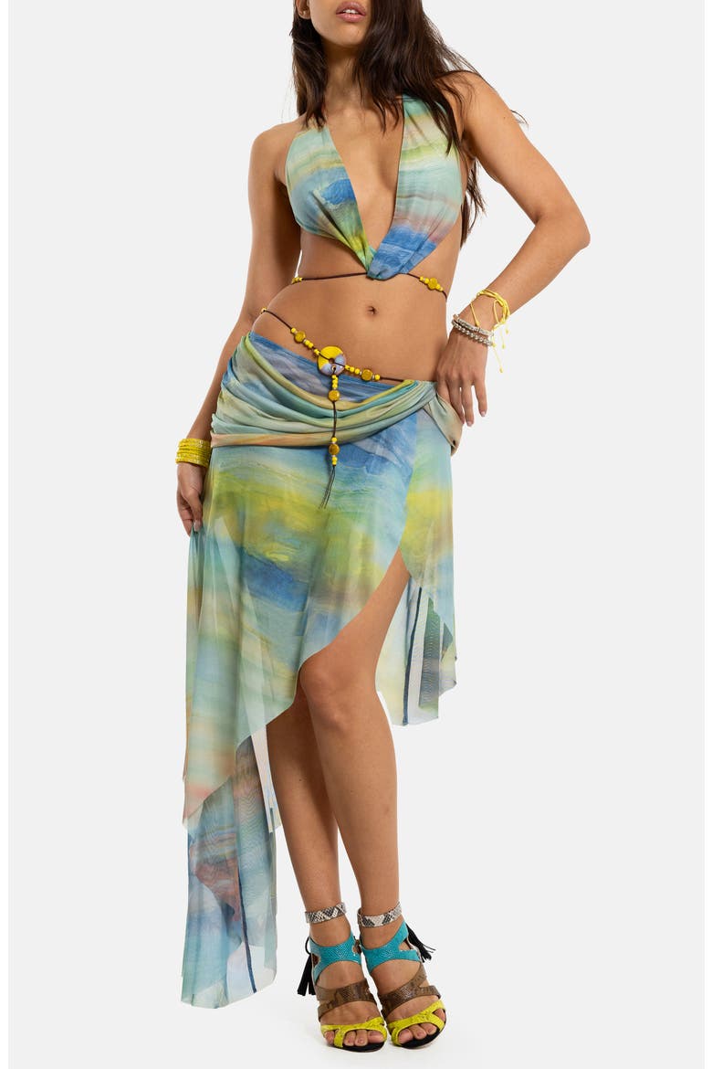 Beaded Belt Abstract Print Asymmetric Mesh Skirt, Alternate, color, MULTI