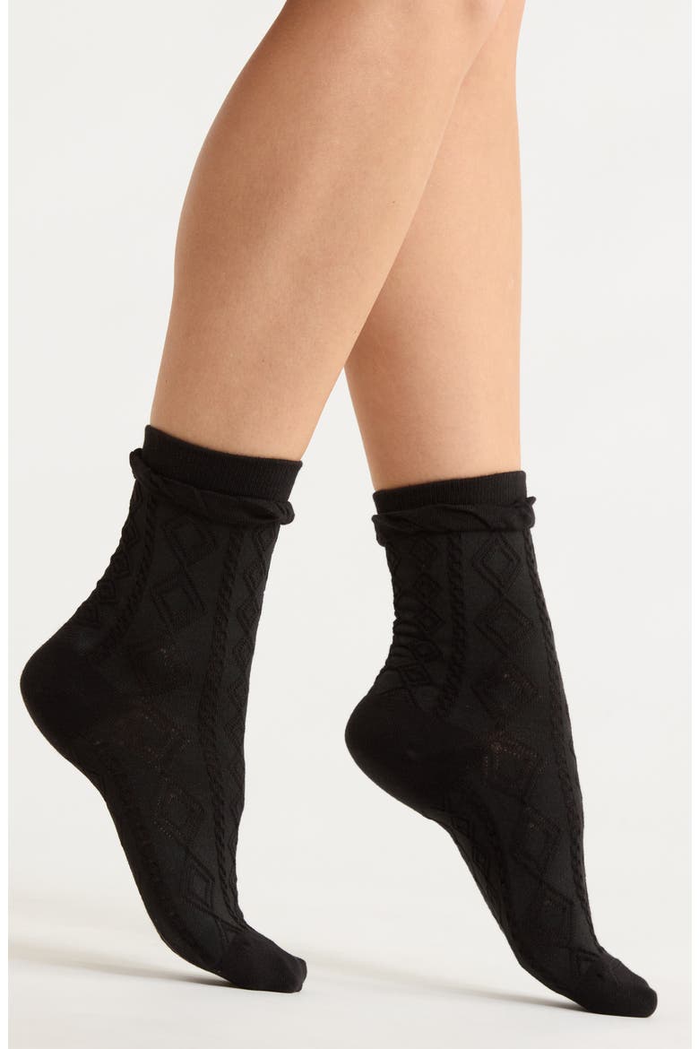 Cherry Print Cotton Crew Socks, Main, color, BLACK