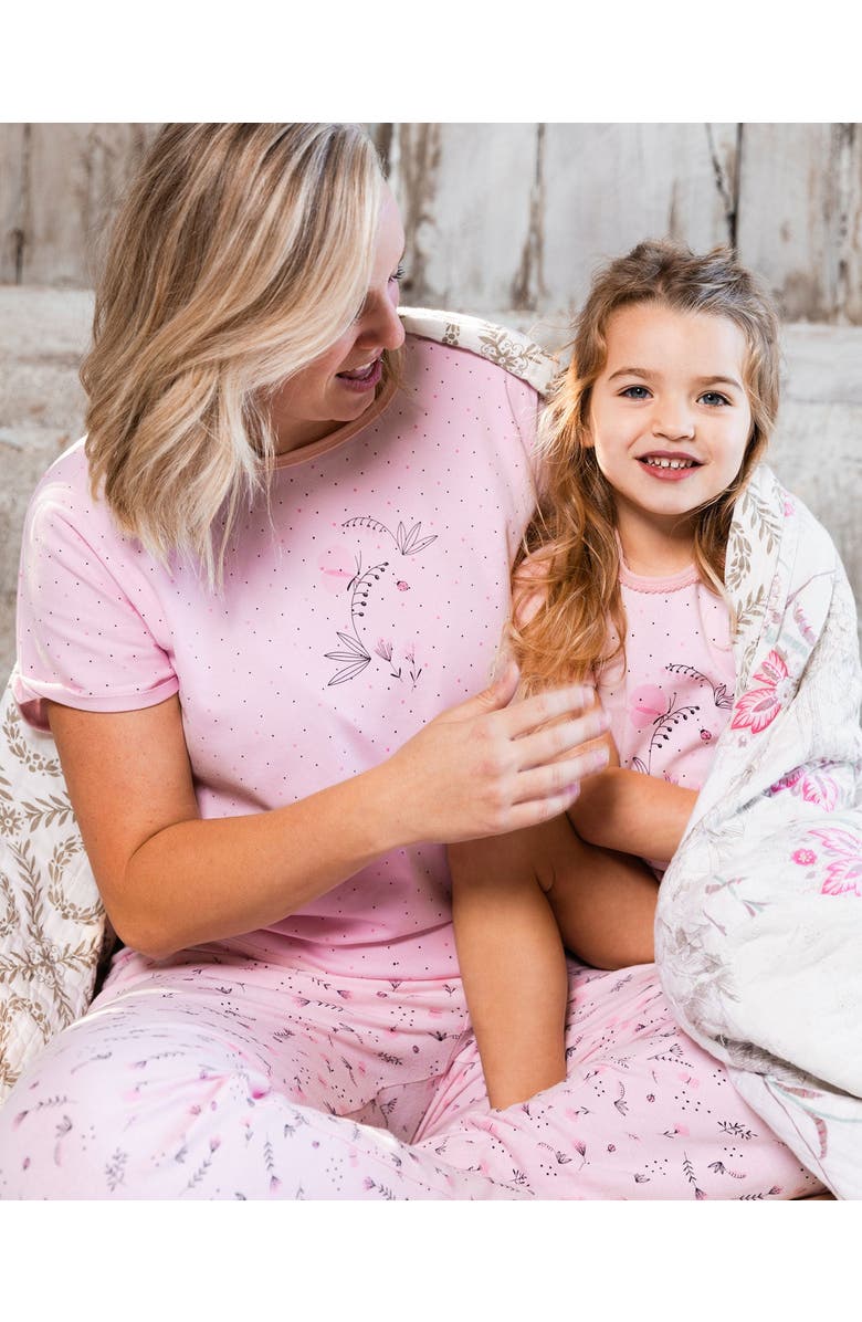 Deux par Deux Women's Women'S Printed Organic Cotton Two-Piece Pajama Set Small Pink Flowers On Pale Pink Background, Alternate, color, Pink Flowers On Pale Pink