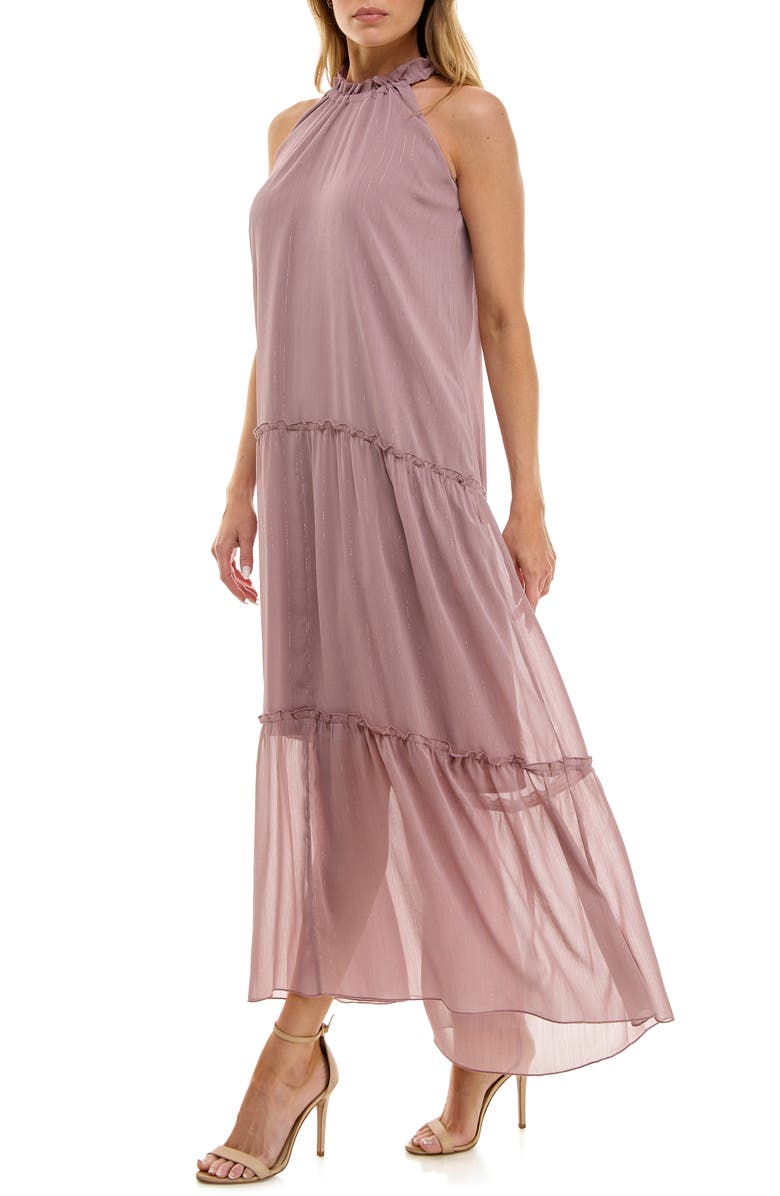 Socialite Tiered Metallic Stripe Maxi Dress, Alternate, color, Mauve