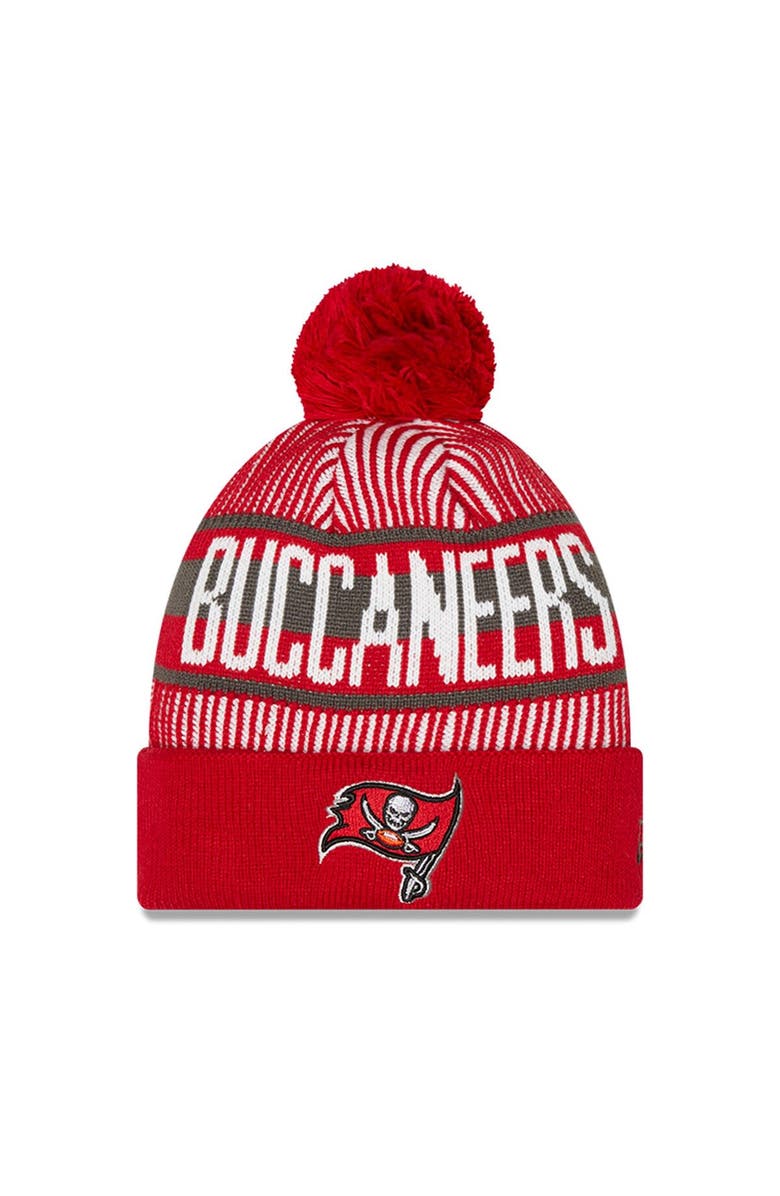 New Era Youth New Era Red Tampa Bay Buccaneers Striped Cuffed Knit Hat with Pom, Main, color, Red