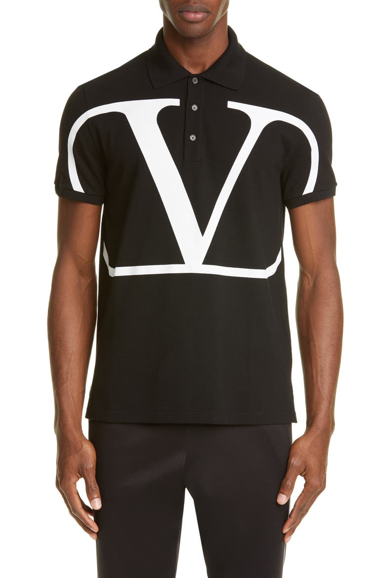V-Logo Black Short Sleeve Piqué Polo, Main, color, BLACK/ WHITE
