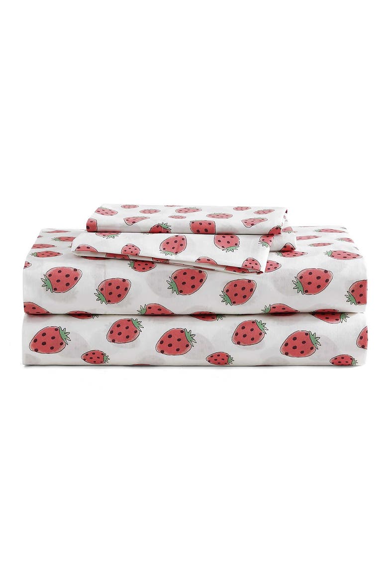 Strawberry Picnic 200 Thread Count Cotton Percale Sheet Set, Main, color, PINK