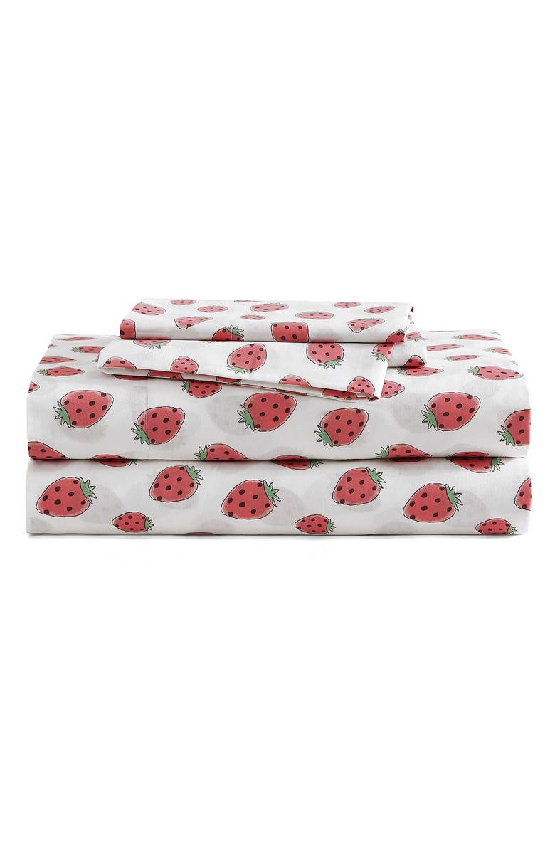 POPPY AND FRITZ Strawberry Picnic 200 Thread Count Cotton Percale Sheet Set, Main, color, Pink