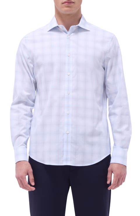 Axel Windowpane Check Shaped Fit Stretch Cotton Button-Up Shirt