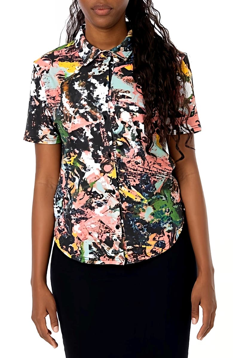 Dai Moda Clark Frenzy Short Sleeve Button-Up Jersey Shirt, Main, color, Black