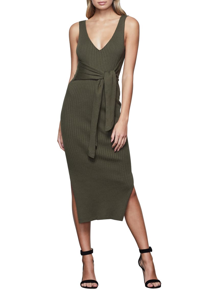 Rib Knit Tie Waist Midi Dress, Main, color, SAGE01