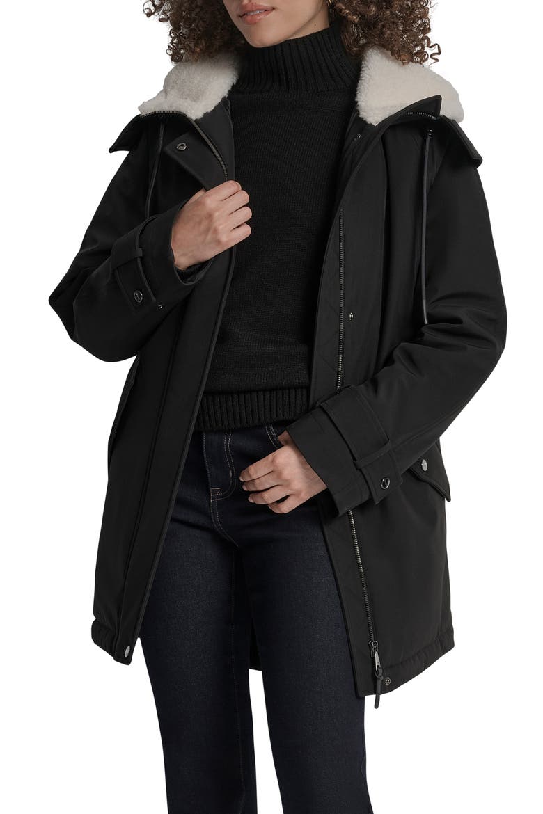 Faux Fur Lined Hooded Softshell Parka, Main, color, BLACK