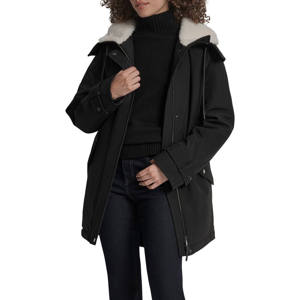 Dkny Faux Fur Lined Hooded Softshell Parka In Black