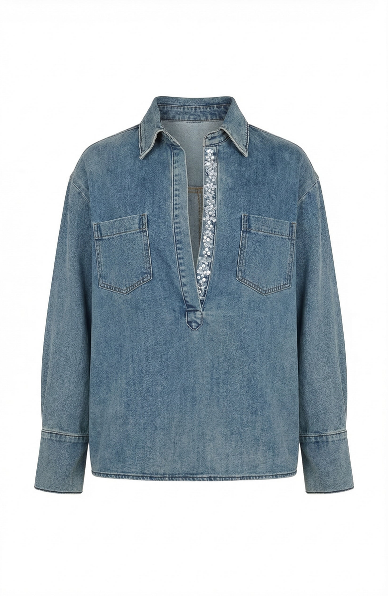 Modenaire Denim Popover Top, Alternate, color, Medium Wash Blue