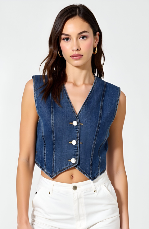 Angled Hem V-Neck Denim Vest