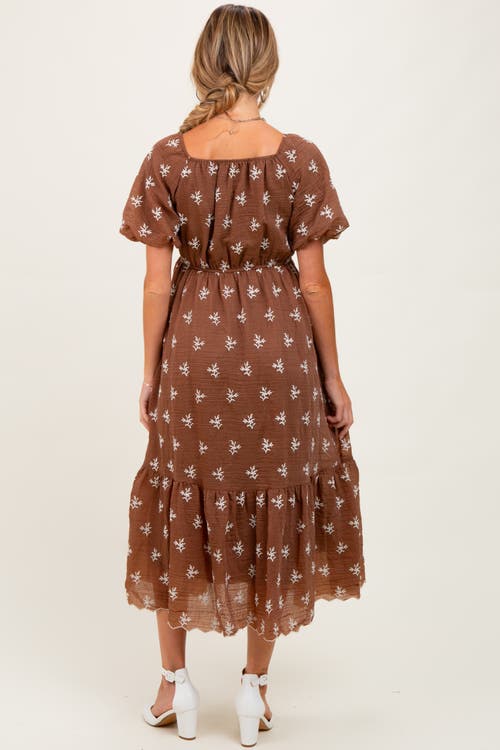 Pinkblush Floral Embroidered Tiered Midi Dress In Brown