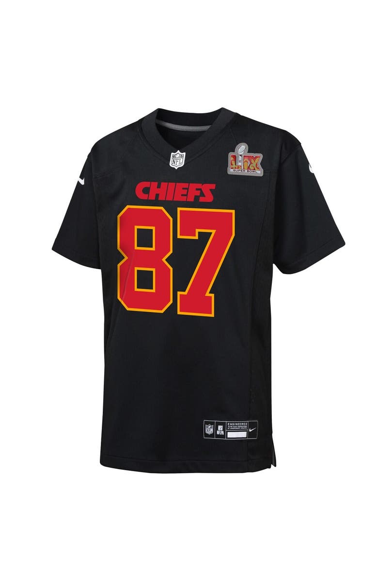 Nike Youth  Nike Travis Kelce Carbon Black Kansas City Chiefs Super Bowl LIX Patch Fashion Game Jersey, Alternate, color, 