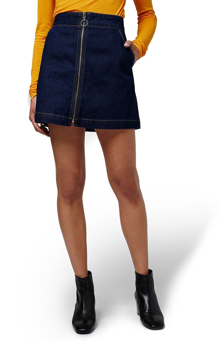Topshop Denim Zip A-Line Skirt, Main, color, 