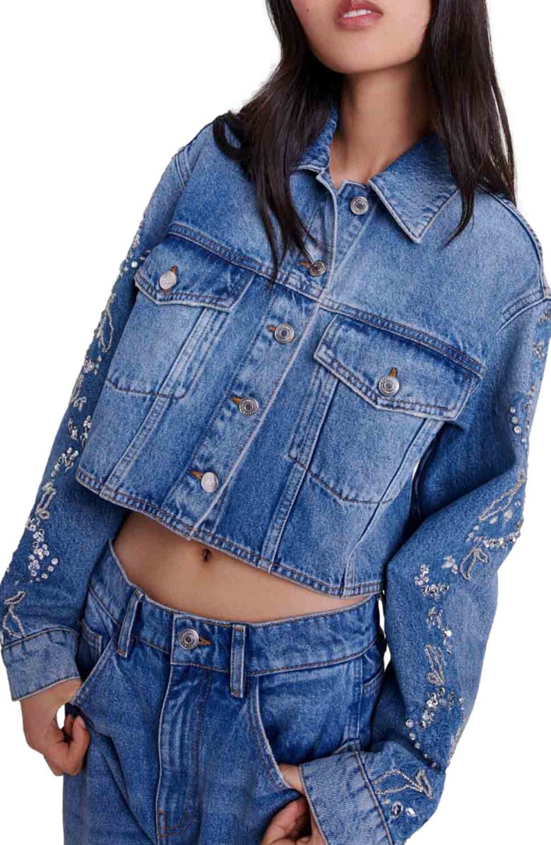 maje Embroidered denim jacket, Main, color, 
