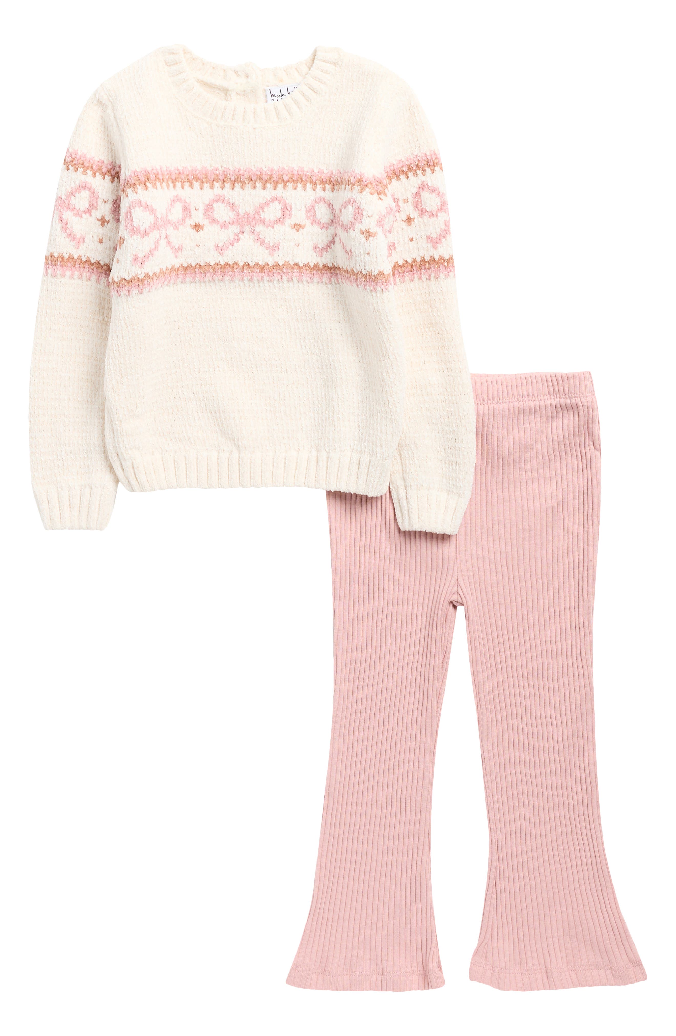 Nicole Miller Bow Chenille Sweater & Rib Knit Flare Leg Pants Set