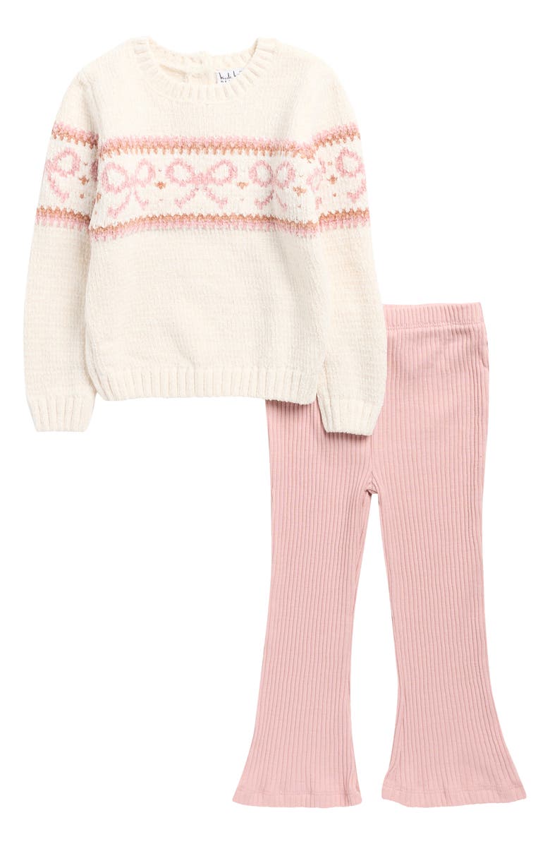 Nicole Miller Bow Chenille Sweater & Rib Knit Flare Leg Pants Set, Main, color, Birch