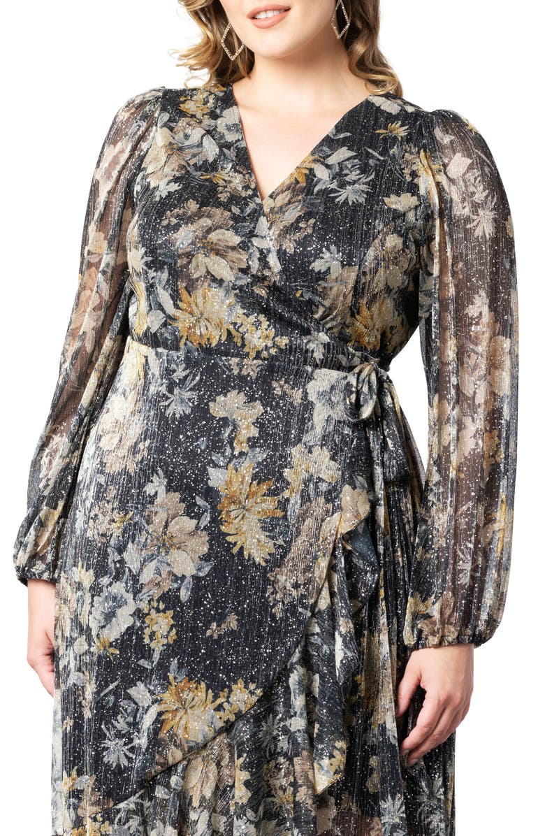 Kiyonna Clara Floral Metallic Midi Wrap Dress, Alternate, color, 
