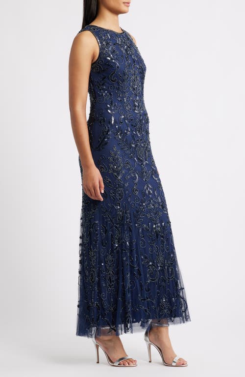 Pisarro Nights Beaded Sleeveless Gown In Blue