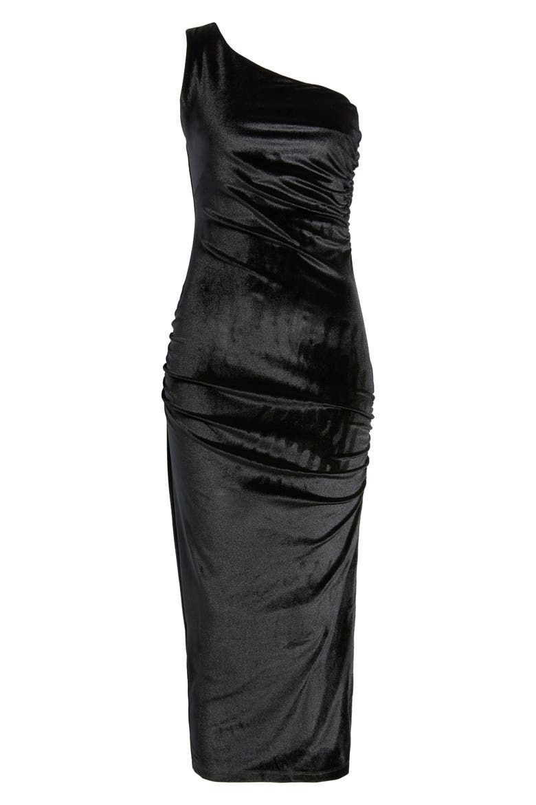 Kathleen Ruched One-Shoulder Velvet Midi Dress, Alternate, color, BLACK