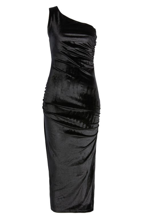 Marcella Kathleen Ruched One-shoulder Velvet Midi Dress In Black