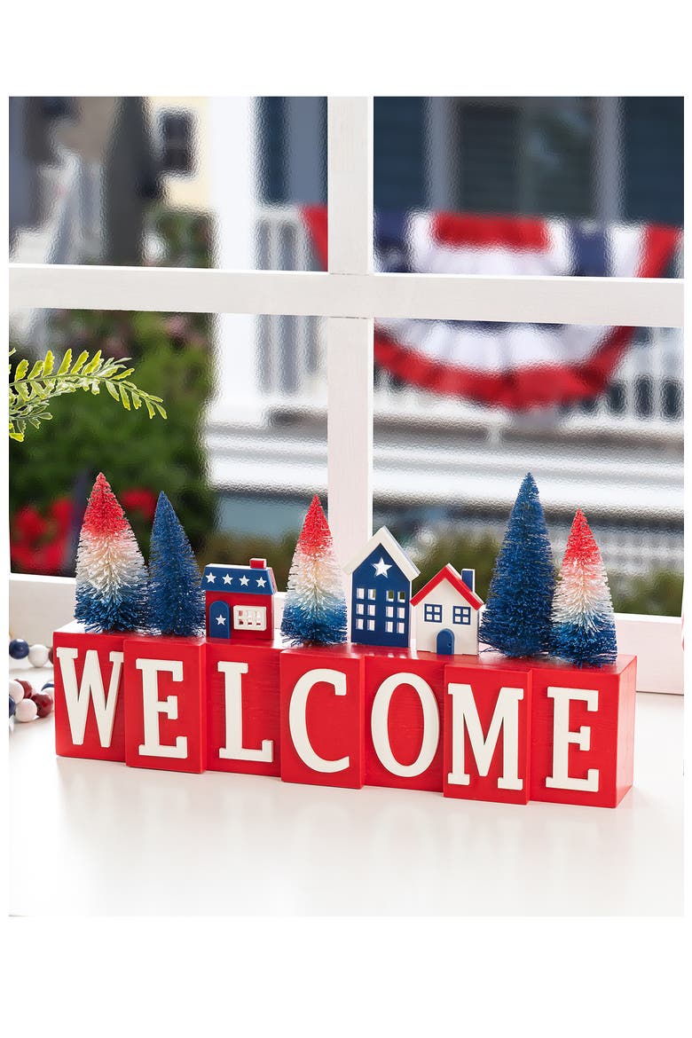 Patriotic Americana Wooden House Brush Trees Table Decor, Alternate, color, Blue