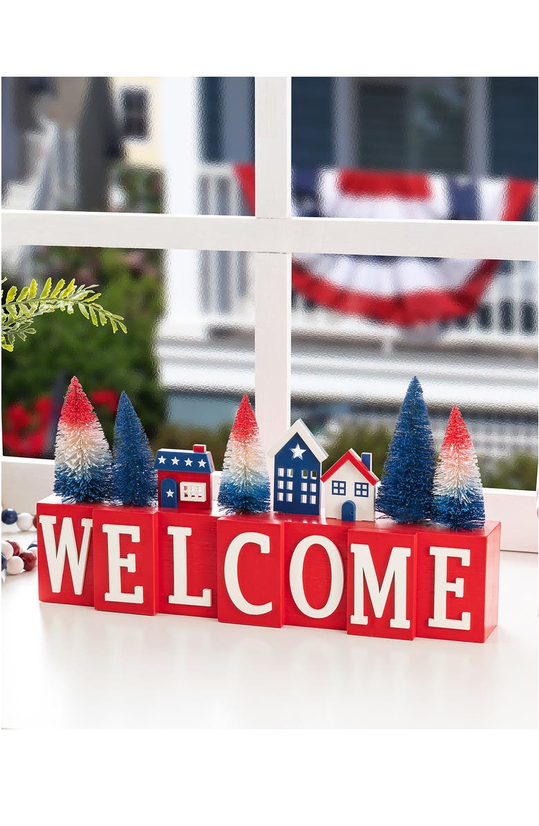 Glitzhome Patriotic Americana Wooden House Brush Trees Table Decor, Alternate, color, Blue