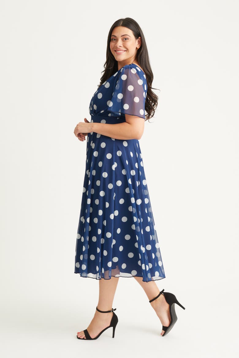 Victoria Spot Angel Sleeve Midi Dress, Alternate, color, Navy Spot