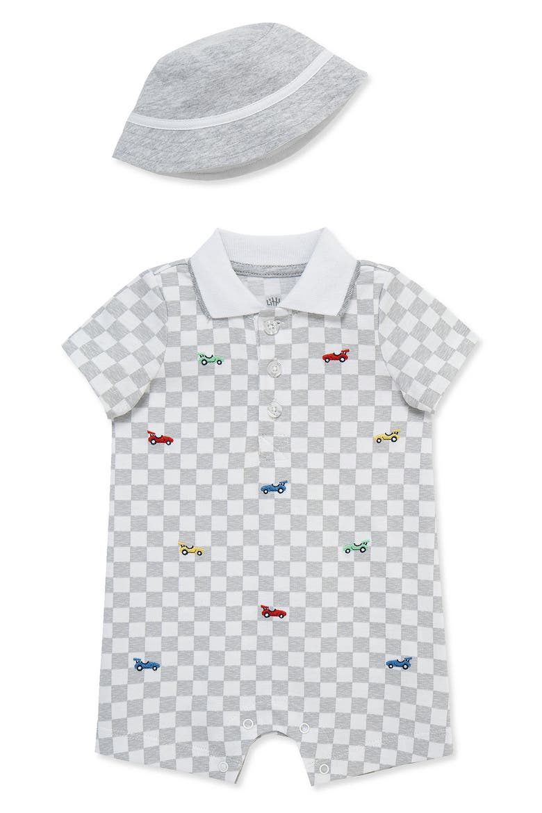 Embroidered Cotton Romper & Hat Set, Main, color, GREY