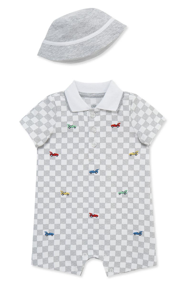 Little Me Embroidered Cotton Romper & Hat Set, Main, color, Grey