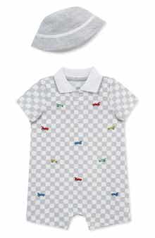 Little Me Embroidered Cotton Romper & Hat Set