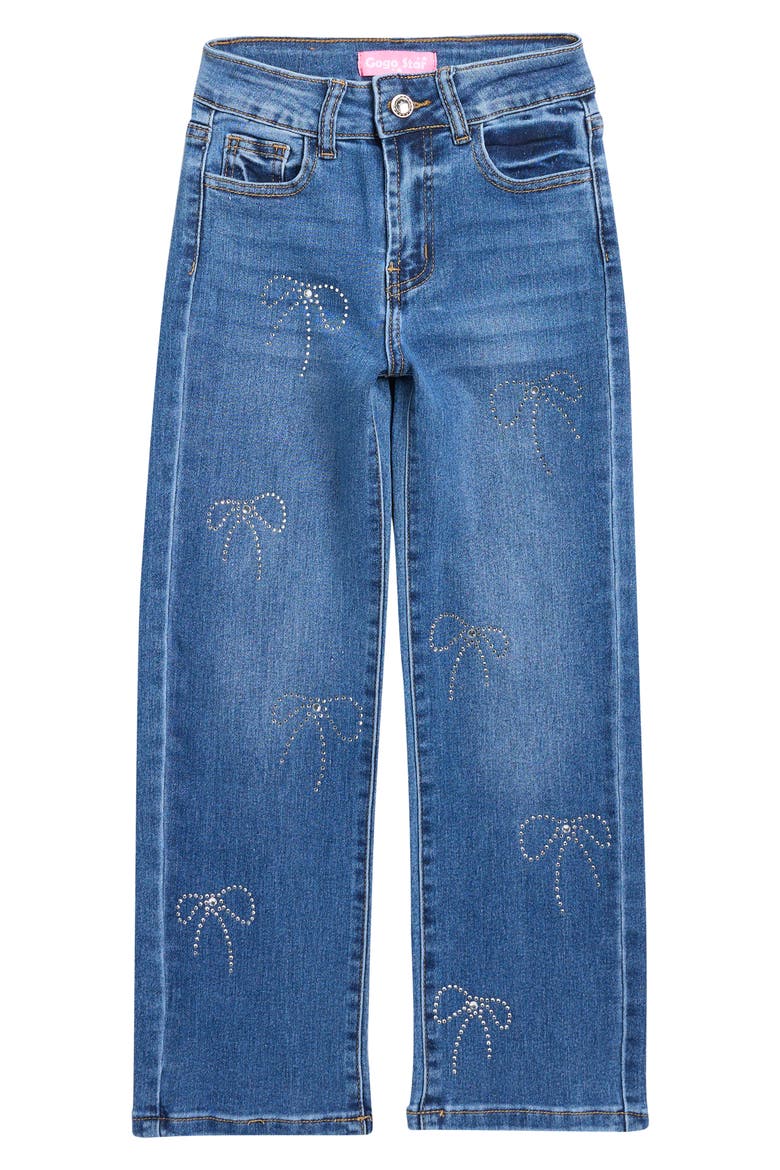 Kids' Rhinestone Bow Straight Leg Jeans, Main, color, MEDIUM DARK WASH