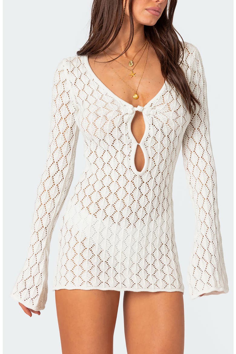 Brie Open Stitch Long Sleeve Mini Sweater Dress, Alternate, color, CREAM