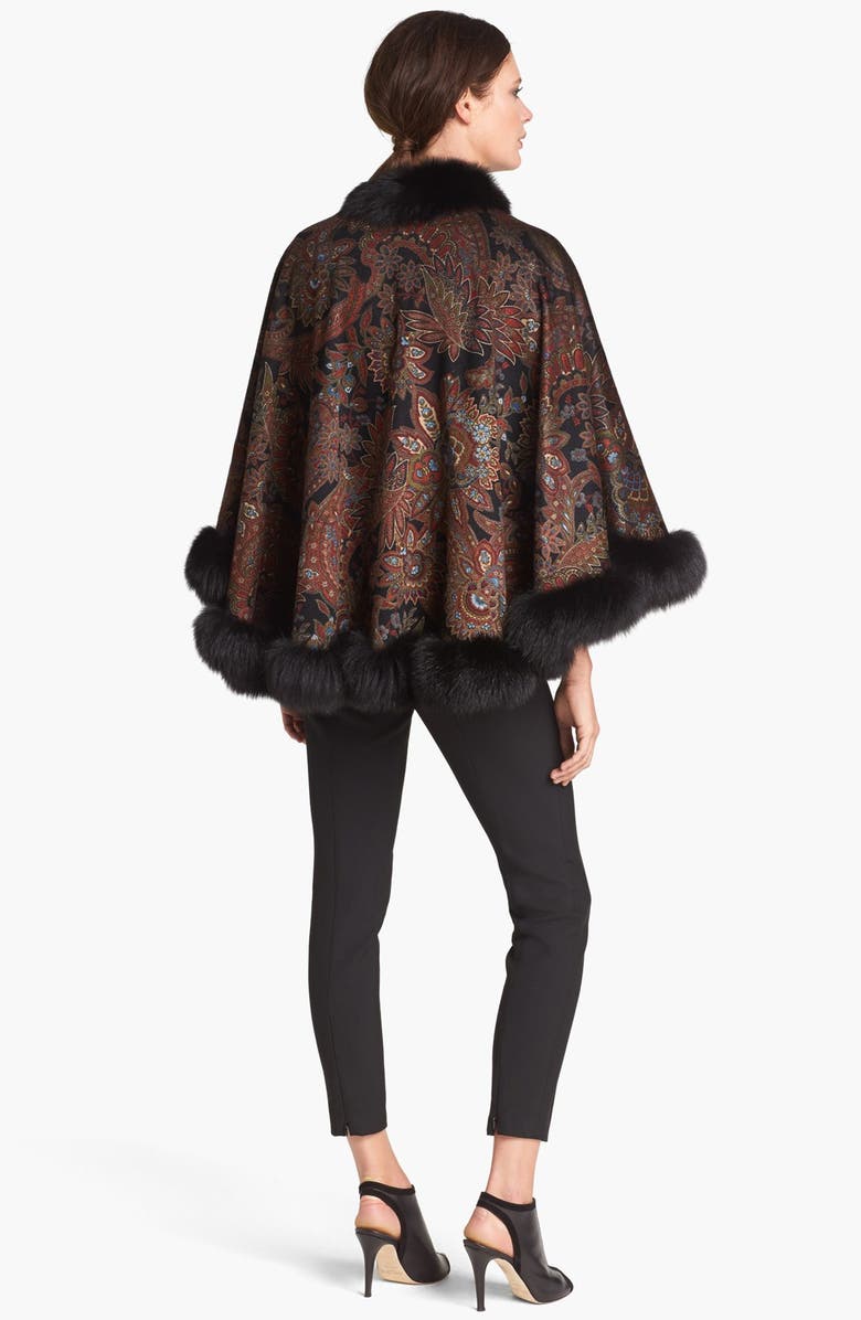 Sofia Cashmere Genuine Fox Fur Trim Paisley Cashmere Cape, Alternate, color, 
