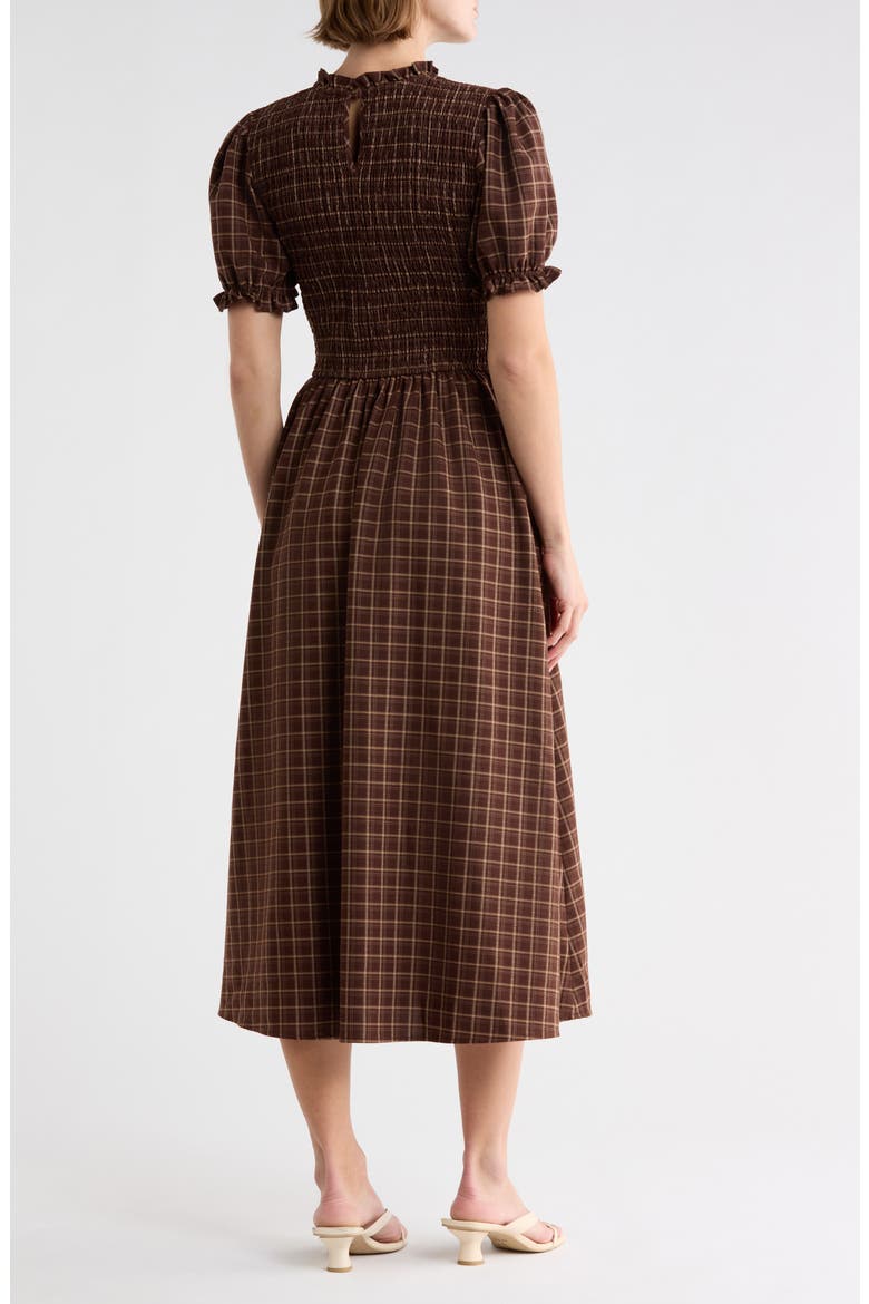 Plaid Smocked Bodice Midi Dress, Alternate, color, BROWN PLAID