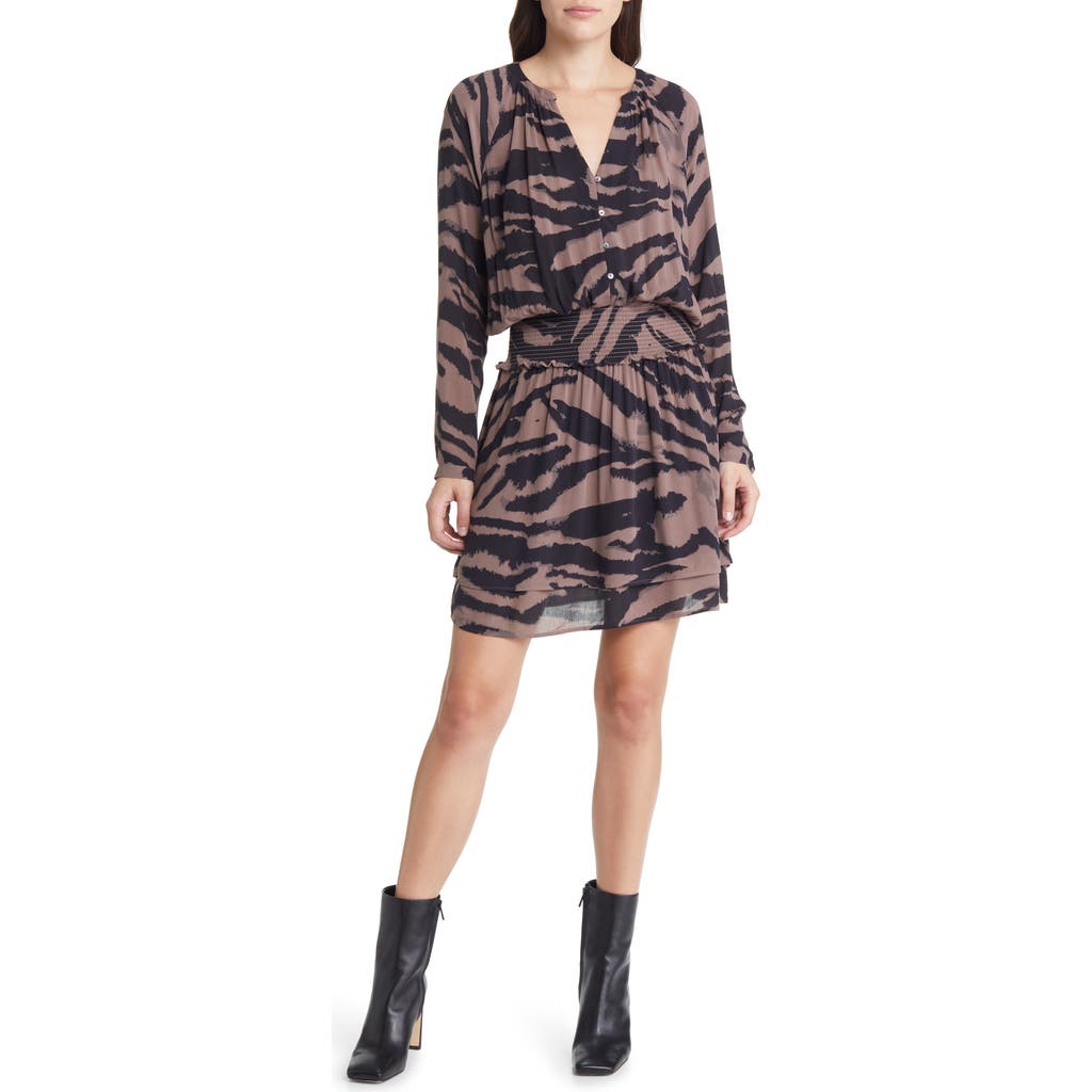 Rails Jasmine Tiger Stripe Smocked Waist Long Sleeve Dress In Mocha Bengal