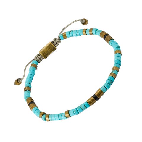 Turquoise And Brass Beaded Pull Cord Closure Bracelet