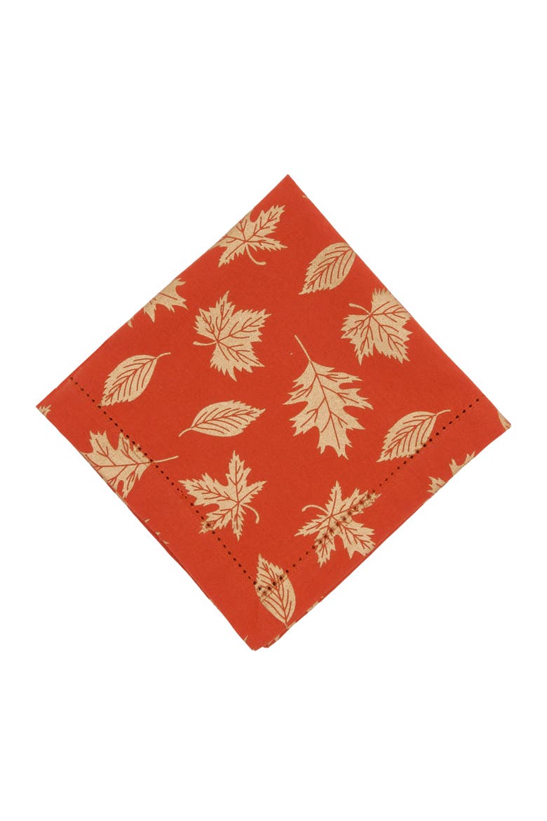 Lux Autumnal Fall Leaf Hemstitch Set of 6 Cloth Napkins, Alternate, color, Orange
