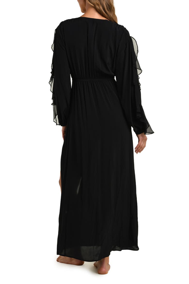 Sara Ruffle Long Sleeve Chiffon Cover-Up Maxi Dress, Alternate, color, BLACK