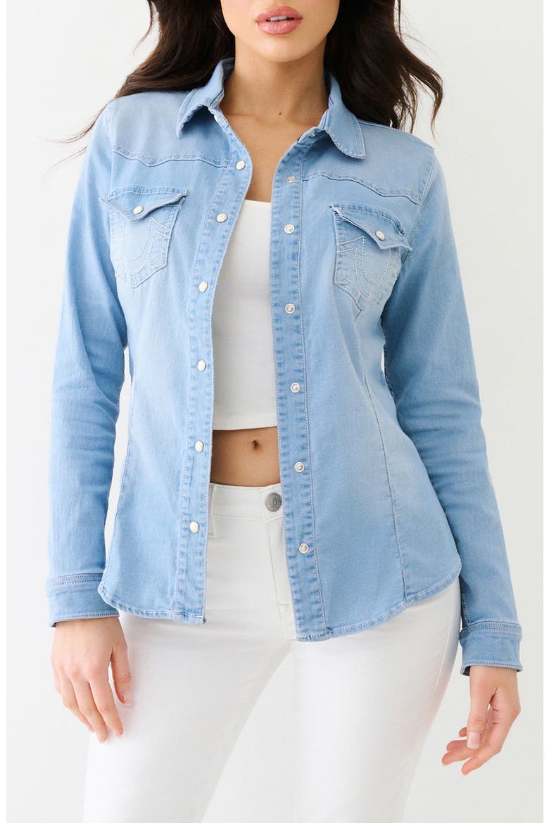 Western Long Sleeve Denim Shirt, Main, color, LIGHT BLUE WASH