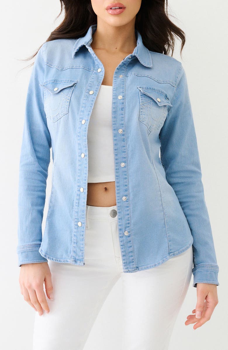 True Religion Western Long Sleeve Denim Shirt, Main, color, Light Blue Wash