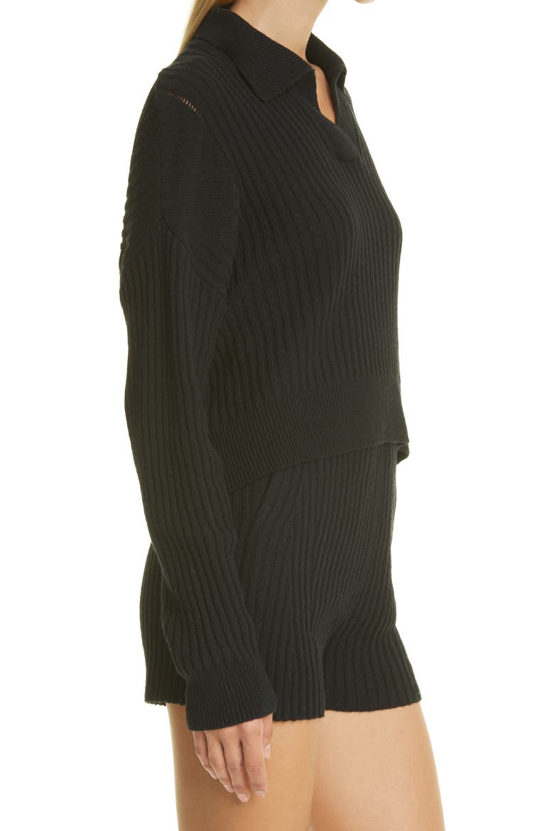 Maxine Ribbed Merino Wool & Cotton Blend Polo Sweater, Alternate, color, BLACK