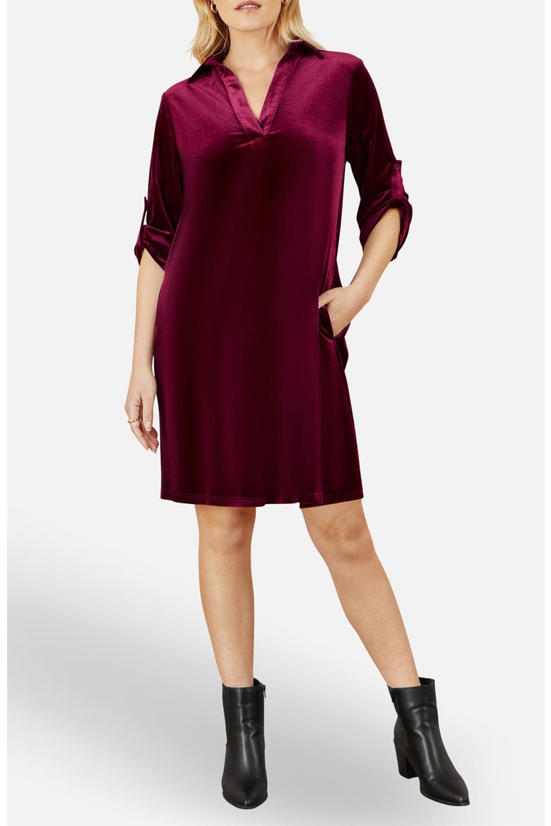 burgundy tunic dress Yumi Velvet 3/4 Sleeve Collared (Women) Fashion