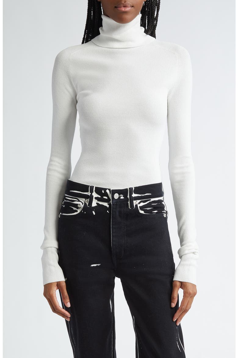Fox Longline Logo Rib Turtleneck Top, Main, color, WHITE