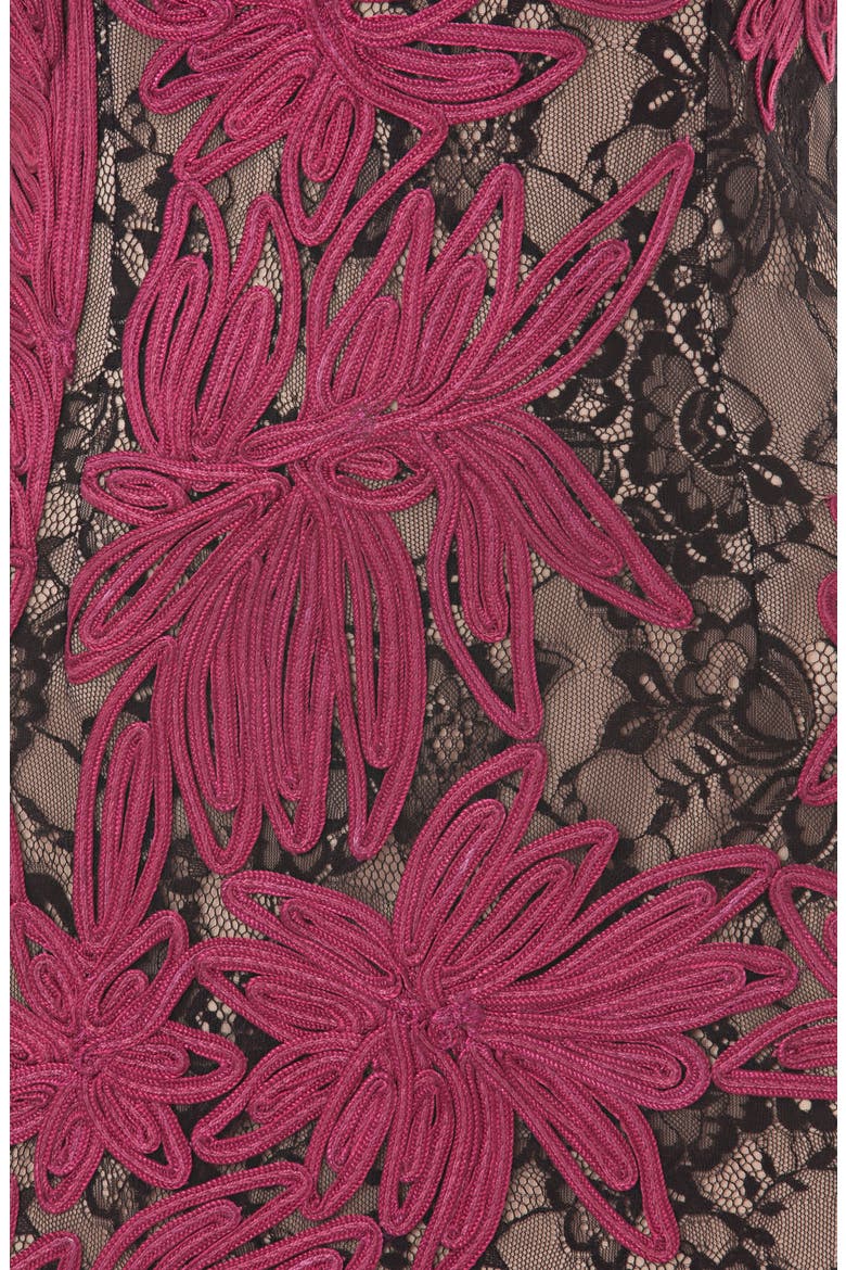 Soutache Embroidered Lace Midi Dress, Alternate, color, BLACK/ MAGENTA