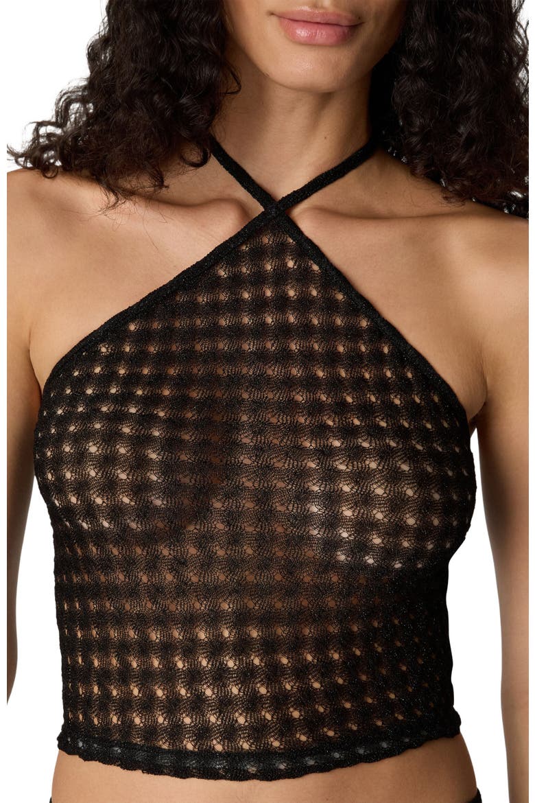 Top In Lamé Viscose With Raschel Workmanship And Halter Neckline, Alternate, color, Black