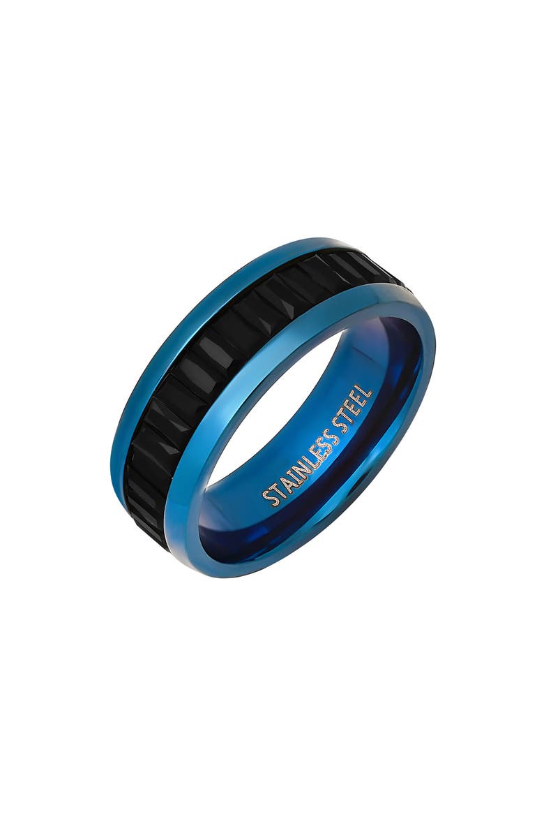 Men's Blue Stainless Steel Black Simulated Diamond Band Ring, Alternate, color, BLUE/ BLACK
