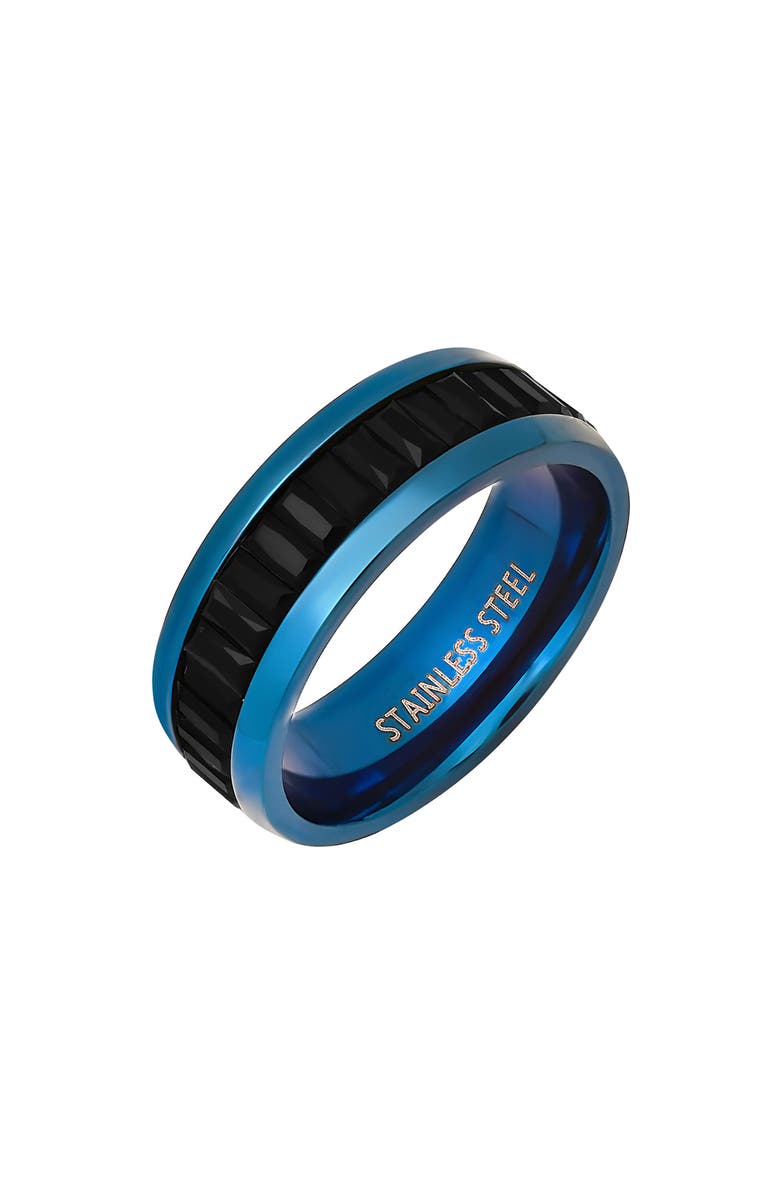 HMY JEWELRY Men's Blue Stainless Steel Black Simulated Diamond Band Ring, Alternate, color, Blue/ Black
