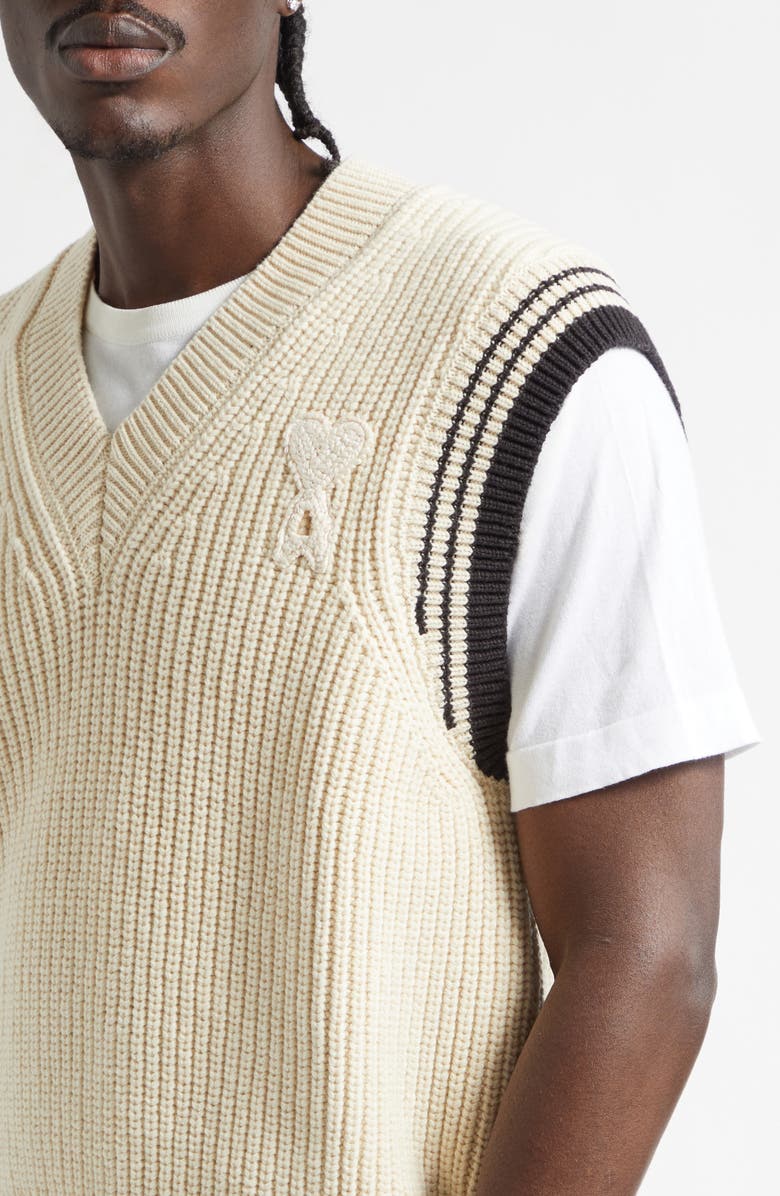 AMI PARIS Ami de Coeur Rib Wool & Cotton V-Neck Sweater Vest, Alternate, color, Blanc Creme