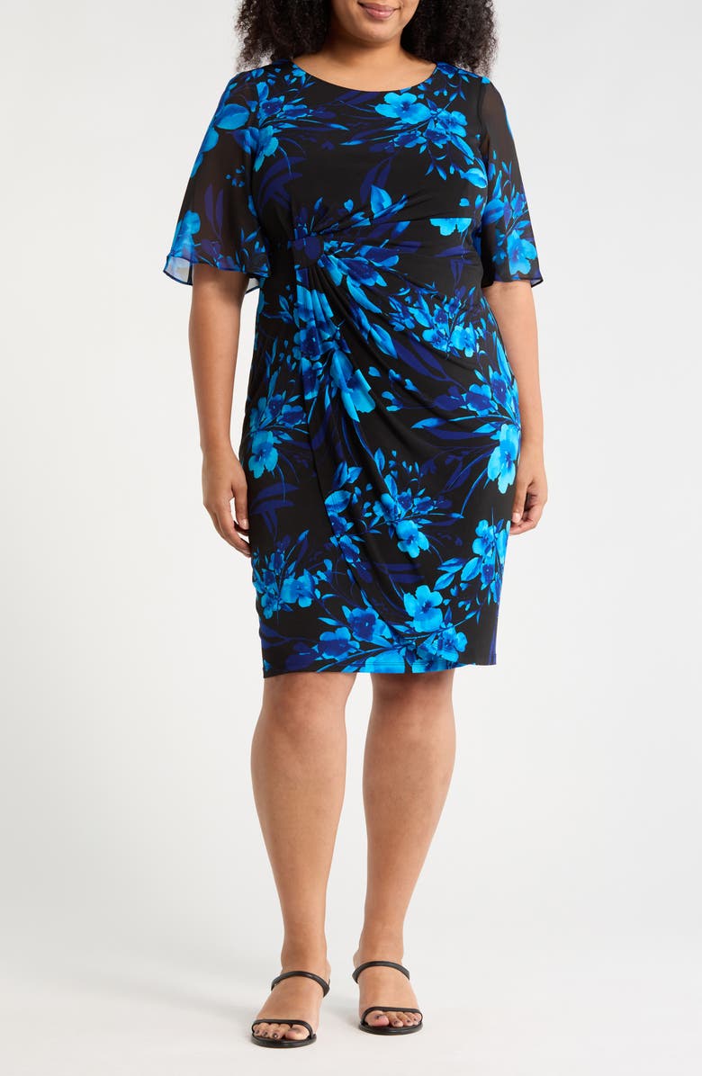 Connected Apparel Floral Side Ruched Faux Wrap Dress, Main, color, Saphire
